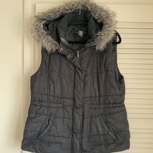 New York & Company Black Vest with Faux Fur Collar